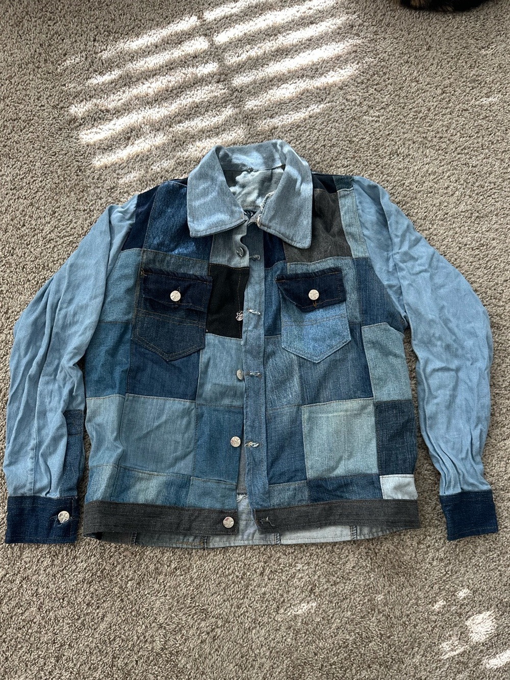 Patchwork Denim Button-Up Jacket in Mixed Blue Tones